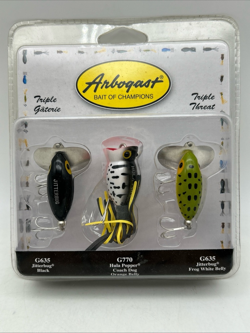 Arbogast Topwater Hard Baits Triple Threat Pack Hula Popper & 2 Jitterbugs